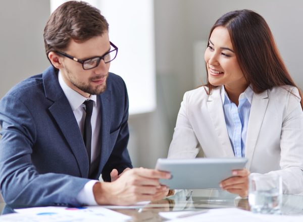 Portrait of smart businesswoman and businessman networking in office
